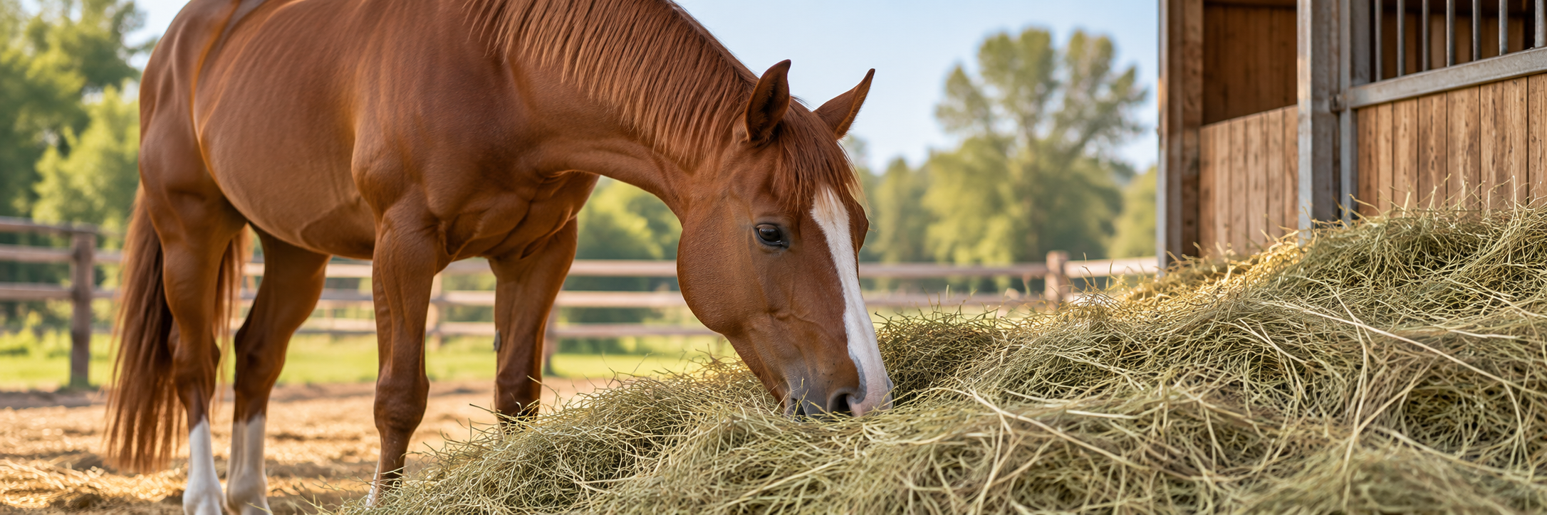 Cheval qui mange du foin, la base fibreuse de sa ration